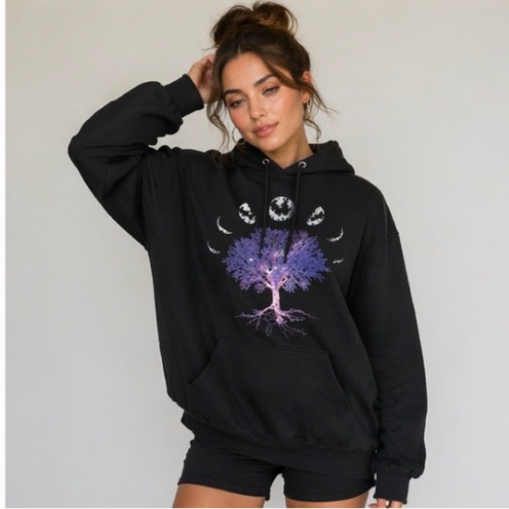 Black Hooded Pullover Sweatshirt with Purple Tree Graphic